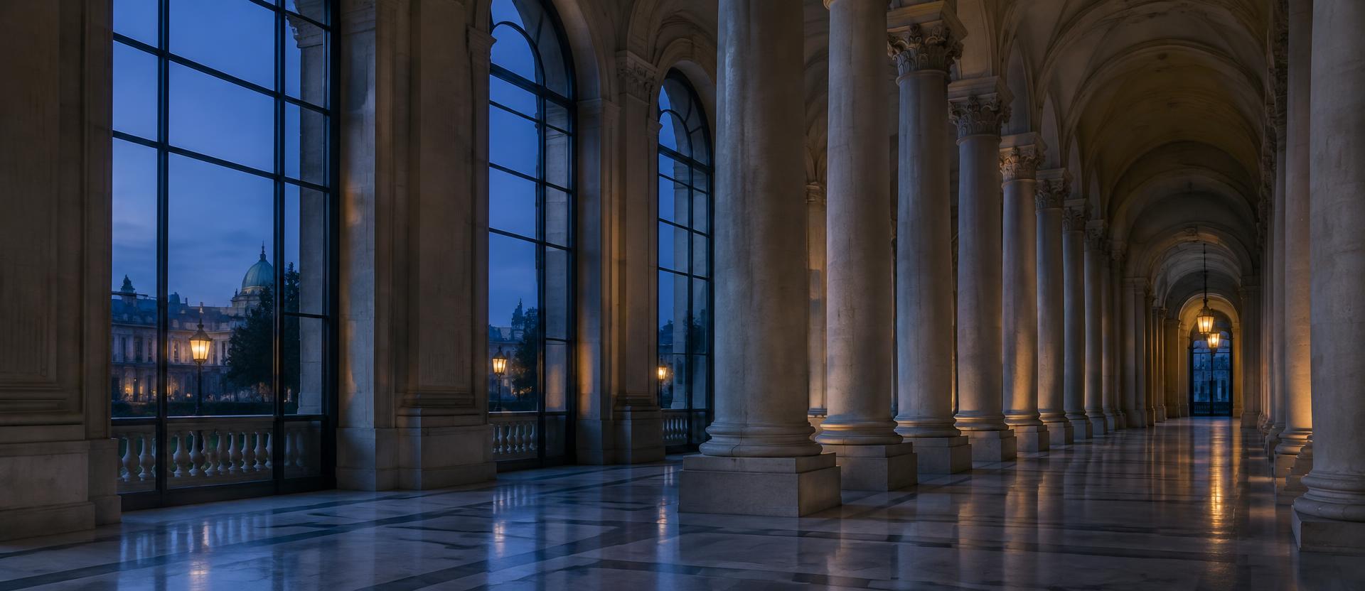 A classical stone colonnade at dusk